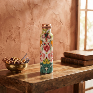 Handmade Copper Water Bottle with Colorful <b>Botanical</b> Leaf <b>Print</b>, Leakproof Screw Cap, Ayurvedic Drinking Flask for Office Gift - Product Image 4