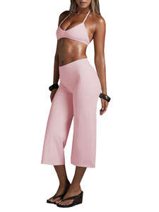 Conjunto de Top Corto Halter Estampado y Pantalones Capri de Pierna Ancha Talla Grande, Nuevo 2026 |   Conjunto de Yoga Sexy de 2 Piezas para Mujer - Product Image 4