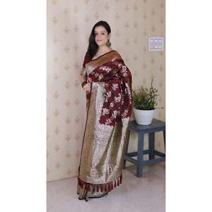 Robes de soirée Elite Weaves en soie douce marron, sari tissé Banarasi Jaal Meenakari Zari 650g - Product Image 3