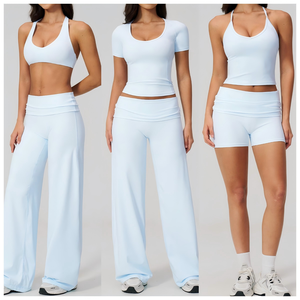 5 Pcs Hot Bra Vest Short Sleeve T Fold Waist Shorts Wide Leg <b>Pant</b> Gym Workout Pilate Outdoor Sports Fitness Women Yoga Set - Product Image 5