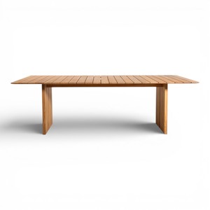 Mesa de comedor moderna de madera de teca para exteriores, minimalista, rectangular, para jardín o patio, con tablero de listones y patas de pedestal para comedor. - Product Image 2