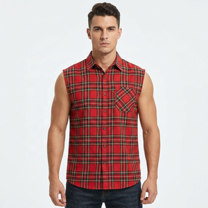 Chemise en flanelle à carreaux sans manches pour homme avec logo personnalisé, rouge et noir, coupe classique, boutonnée, col rabattu, 100% coton, tee-shirt en flanelle pour homme - Product Image 1