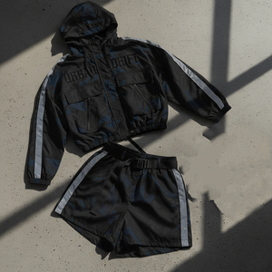 Custom Two-Piece <b>Women's</b> Streetwear Track Suit Windbreaker Short <b>Jacket</b> Set 100% Cotton Breathable Patchwork Zip Nylon Polyester - Product Image 4