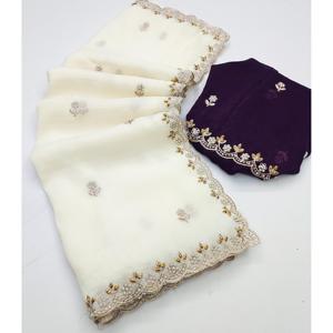 ส่าหรีนักออกแบบหญิงที่มีงานปักและไข่มุกที่ทำด้วยมือ - Product Image 3
