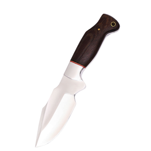Cuchillo de caza de hoja fija plateada con mango de madera marrón oscuro y funda de cuero repujado marrón para supervivencia en campamentos al aire libre - Product Image 6