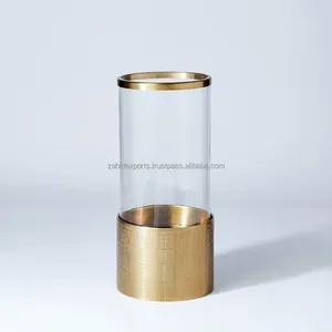 Round <b>Hurricane</b> Candleholder With Gold Base And Clear Glass Cylinder For Home Decoration - Product Image 1