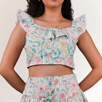 Ensemble coordonné floral 100 % coton pour femme, qualité supérieure, élégant, été, écologique, respirant, tissé, vintage, décontracté, coupe trapèze ajustée