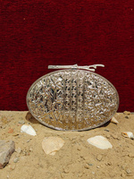 Pochette ovale vintage en laiton artisanal indien, gravée, incrustation nacre, luxe, pour soirée, mariage, fête