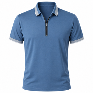 Polo Personalizado con Logotipo para Hombre, Cuello con Cierre, Manga Corta, Cuello en Contraste, Polo Azul, Uniforme para Personal al por Mayor - Product Image 1
