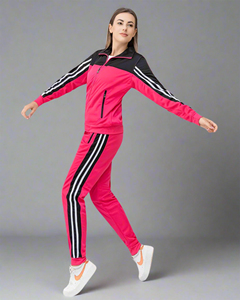 Ensemble de survêtement rose pour femme, manches longues, blocs de couleur, fermeture éclair, poches latérales, coupe classique, tenue décontractée printemps - Product Image 6