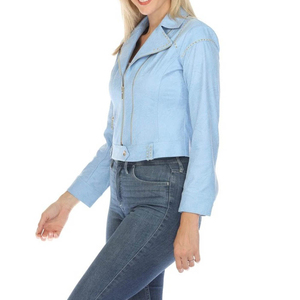 Veste de motard en similicuir bleu clair pour femme, style court avec garniture cloutée et fermeture éclair sur le devant - Product Image 2