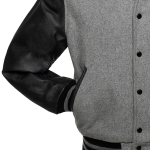 Men's Gray Varsity Jacket with Black Sleeves Number 5 Embroidered Zipper Closure Casual Winter Wear Sherpa Lining Floral Pattern - Product Image 2