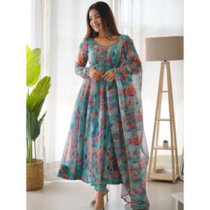 Magnifique robe Anarkali pour les fêtes, imprimé floral, coupe A-line, taille empire, taille XS, en mousseline, avec pantalon et dupatta - Product Image 3