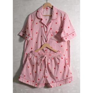 Women Pink Striped Heart Print Cotton Pajama Set Short Sleeve Turn-Down Collar <b>Button</b> Fly Sleepwear Casual Spring - Product Image 2