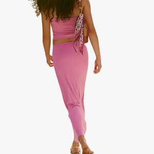 Women's Pink 2 Piece <b>Set</b> Sleeveless Tube Top With Maxi Long Skirt Casual Spring Summer Knitted Spandex Cotton Party Maxi <b>Sets</b> - Product Image 2