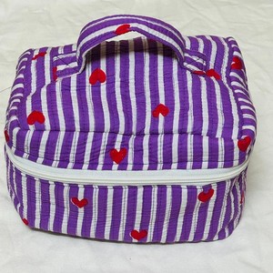 Striped Purple White Cosmetic Case With Red Hearts Zipper Closure Soft Handle Medium Size Lovely Style Textile Material - Product Image 2