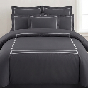 Modern T-150 Cotton Charcoal Baratta Stitch Quilt Cover Solid <b>Black</b> with <b>White</b> Stitching 3 Piece <b>Bedding</b> - Product Image 1