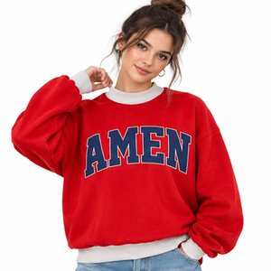 Women's Oversized Red <b>Crew</b> <b>Neck</b> <b>Sweatshirt</b> With Amen Letter Print Regular Sleeve Knitted Cotton Autumn Wear - Product Image 1