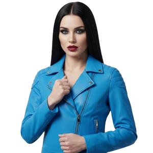 Veste de moto en cuir bleu avec logo personnalisé, vente en gros en vrac, marque privée, style motard authentique, manteau pour femmes, approvisionnement en usine - Product Image 1