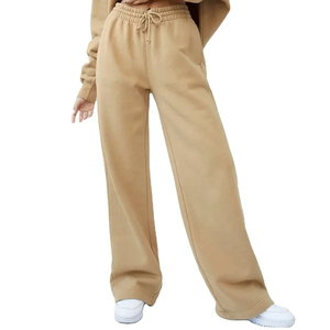 Women's Khaki Wide Leg Sweatpants Mid <b>Waist</b> Drawstring Loose Fit Full Length Solid Color Casual Autumn Wear 100% Cotton Knitted - Product Image 5