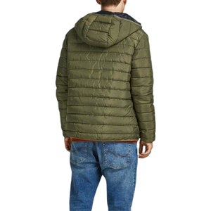 Veste matelassée à capuche pour homme, couleur vert olive, avec fermeture éclair et poches latérales, coupe-vent décontractée pour l'automne - Product Image 4