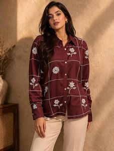 Chemise brodée en viscose rayonne marron pour femme, broderie florale, chemise boutonnée décontractée pour femme - Product Image 3