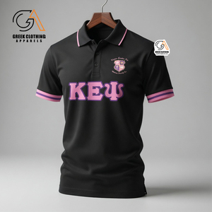 เสื้อเชิ้ตผู้หญิงลายพิมพ์คอปกปักลายสัญลักษณ์ Kapa Epsilon Psi Sorority ดีไซน์ล่าสุด ผ้าคอตตอนปิเก้ แต่งแถบลายทาง ติดกระดุม - Product Image 4