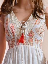 Vestido Largo Bohemio para Mujer, Sin Mangas, con Lazos, Cuello en V, Estampado Floral, Maxi Vestido con Estampado de Bloques - Product Image 3