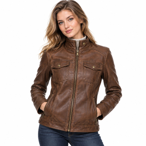 Women's Cowhide Leather Moto <b>Jacket</b> Stand Collar Zipper Closure Casual Wear PU Leather <b>Jacket</b> Women Winter Fashion <b>Jackets</b> - Product Image 2