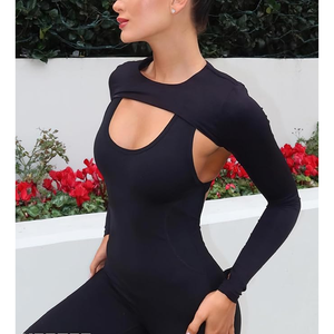 <b>Women</b> <b>Black</b> Long Sleeve <b>Crop</b> <b>Top</b> Crew Neck Solid Color Seamless Hollow Out Yoga Shirt Skinny Fit Full Sleeve Spandex Polyester - Product Image 5