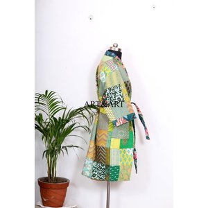 Kimono vintage en soie indienne fait main, style sari Kantha, pour femme, robe patchwork, robe de nuit maxi, robes en coton, kimono - Product Image 5