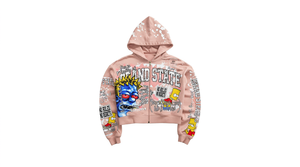 <b>Pink</b> Oversized Zip-Up <b>Hoodie</b> With Cartoon Print Streetwear Style Unisex Crop Fit Knitted Fabric - Product Image 4