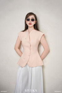 Chaleco sin Mangas con Cuello Mandarín Beige para Mujer, con Botones, Elegante, de Poliéster/Spandex, Estilo Casual de Oficina, YONA - Product Image 3