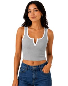 Gray Women Ribbed <b>Crop</b> Tank <b>Top</b> White Trim Sleeveless V Neck Slim Fit Casual Summer Stretch Cotton Vest Fashion Ladies <b>Tops</b> - Product Image 1