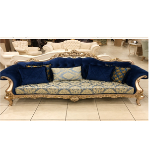 Compre un Juego de Sofás Desmontables Modernos de 5 Plazas Hechos a Mano con Madera de Teca, Tapizado en Terciopelo Azul Europeo y Marco Tallado en Oro, Muebles para Sala de Estar Interior - Product Image 1