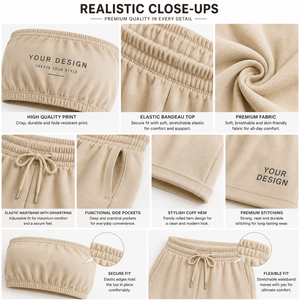 Ensemble d'été deux pièces personnalisé pour femme : haut court bandeau sans bretelles et short taille haute à cordon de serrage, décontracté, 100 % coton - Product Image 3