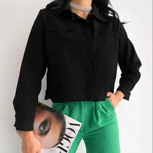 Chemisier court chic en coton pour femme, style vintage, manches longues, boutonné, simple, respirant, noir, printemps-été, décontracté - Product Image 2