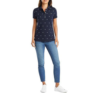 Polo à manches courtes bleu marine pour femme avec broderie d'ancre blanche, style preppy, coupe classique, tissu en coton Oxford - Product Image 4