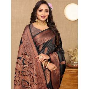 ÚLTIMO SUAVE SEDA ZARI TEJIDO SAREE CON BLUSA SIN COSTAR NEGRO - Product Image 2