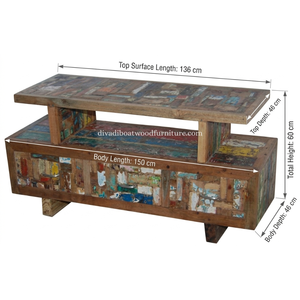 Meuble TV en bois de bateau récupéré, 3 tiroirs, style double plateau, patchwork, bois recyclé, design durable pour support TV - Product Image 2