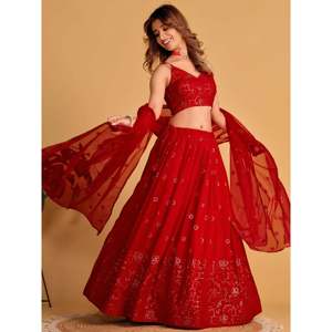 <b>Red</b> Embroidered Georgette Engagement <b>Lehenga</b> Choli for <b>Wedding</b> Apparel - Product Image 6