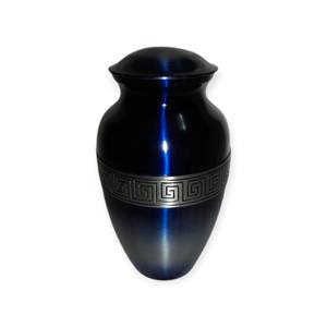 Urne funéraire moderne bleu profond métallisé avec bande à motif grec pour une élégance commémorative intemporelle - Product Image 1