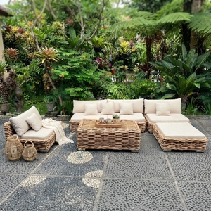 Outdoor Rattan Woven Sectional Sofa Set Mahogany Wood Frame Wicker Furniture Glass Table Lounge Chair Ottoman Setup Art - Product Image 2