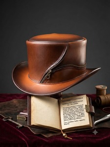 Brown Leather <b>Top</b> <b>Hat</b> <b>Steampunk</b> Zipper Costume <b>Hat</b> Two Tone Cosplay Cap for Party Stage Dress Up - Product Image 4