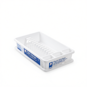 Scolapiatti in plastica bianco e blu rettangolare con vassoio di drenaggio e porta posate per lavello da cucina - Product Image 2