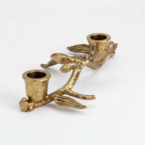 Exquisite Gold Botanical Taper Holder Features A Textured <b>Vine</b> Branch Design With Delicate <b>Leaves</b> And Two Detailed Candle Cups - Product Image 2