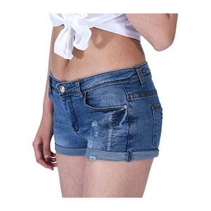 Shorts de mezclilla de cintura alta para mujer, desgastados, con dobladillo deshilachado, casuales de verano, de algodón, con patrón liso y efecto lavado - Product Image 3