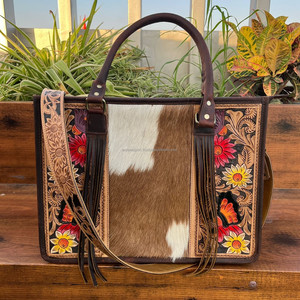 Sac fourre-tout en cuir repoussé fait à la main pour femmes Wester cheveux sur peau de vache sac à main floral grande capacité dissimulé transporter sacs à bandoulière - Product Image 2