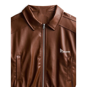 Blouson bomber en PU marron pour homme, col rabattu, fermeture éclair, coupe courte décontractée, vêtement d'extérieur pour l'automne - Product Image 3