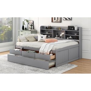 Cama capitán de madera gris claro de tamaño completo con estanterías integradas y tres cajones de almacenamiento, incluye cama nido - Product Image 4